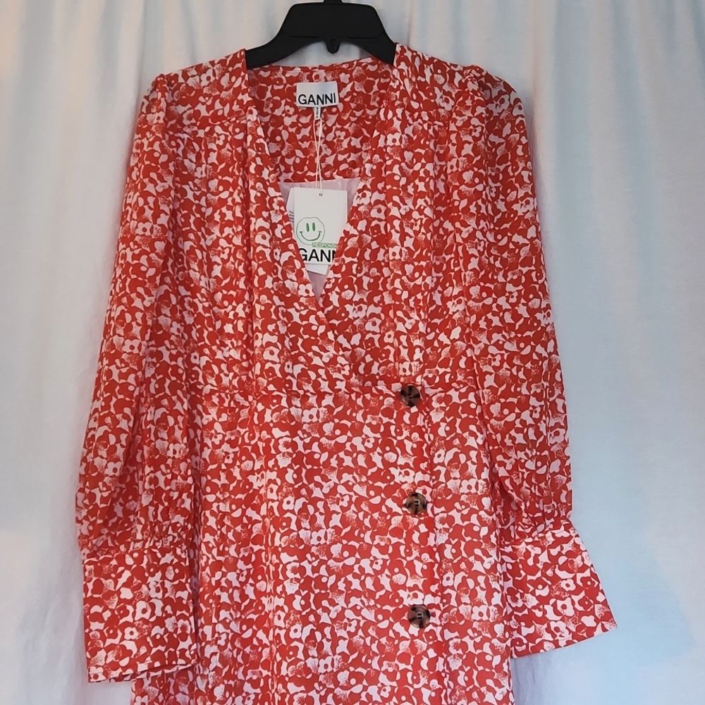 GANNI ORANGE FLORAL MIDI DRESS SZ 40 US 8 - Picture 2 of 12